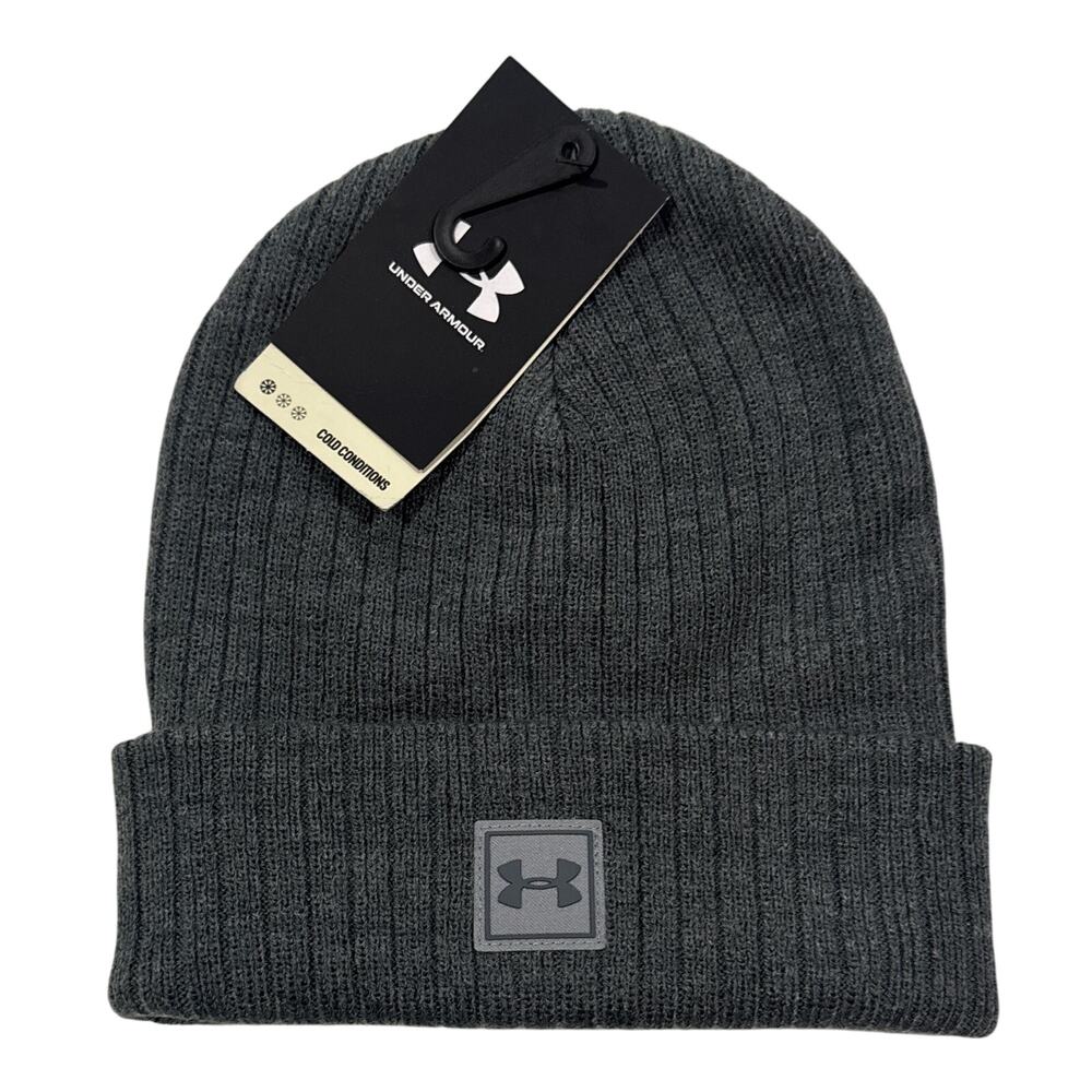 UNDER ARMOUR Mens Ribbed Beanie Knit Cap Charcoal Gray ColdGear NWT 1318517